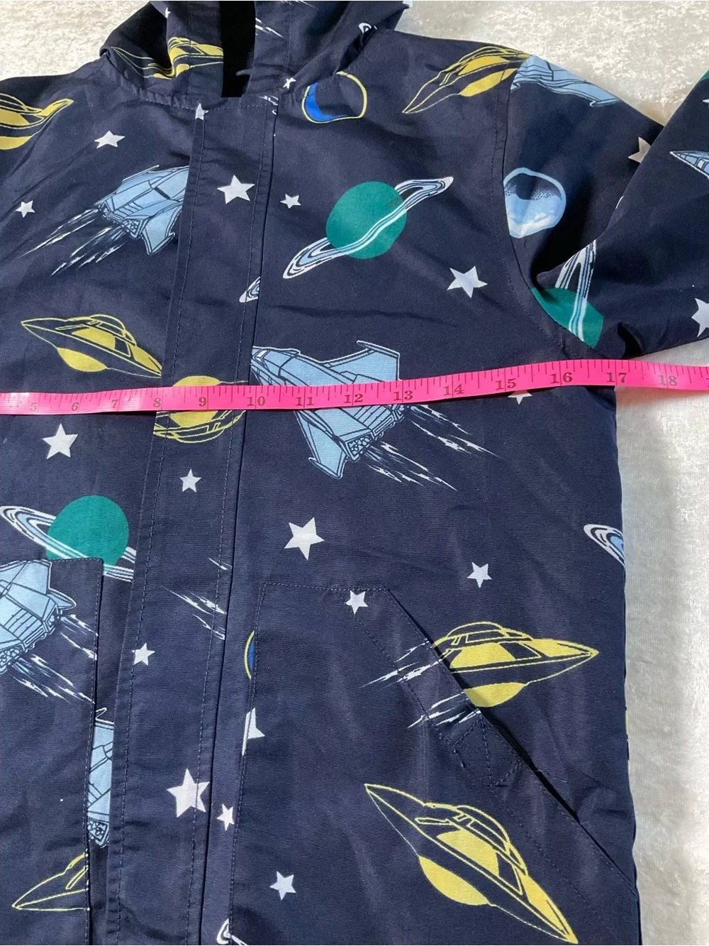 Gymboree Navy Space-Themed Hooded Raincoat with Yellow & Teal Accents